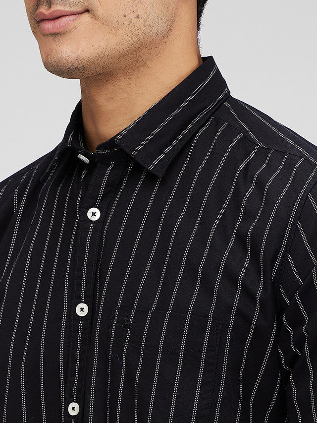 Parx Black Printed Slim Fit Cotton Casual Shirt