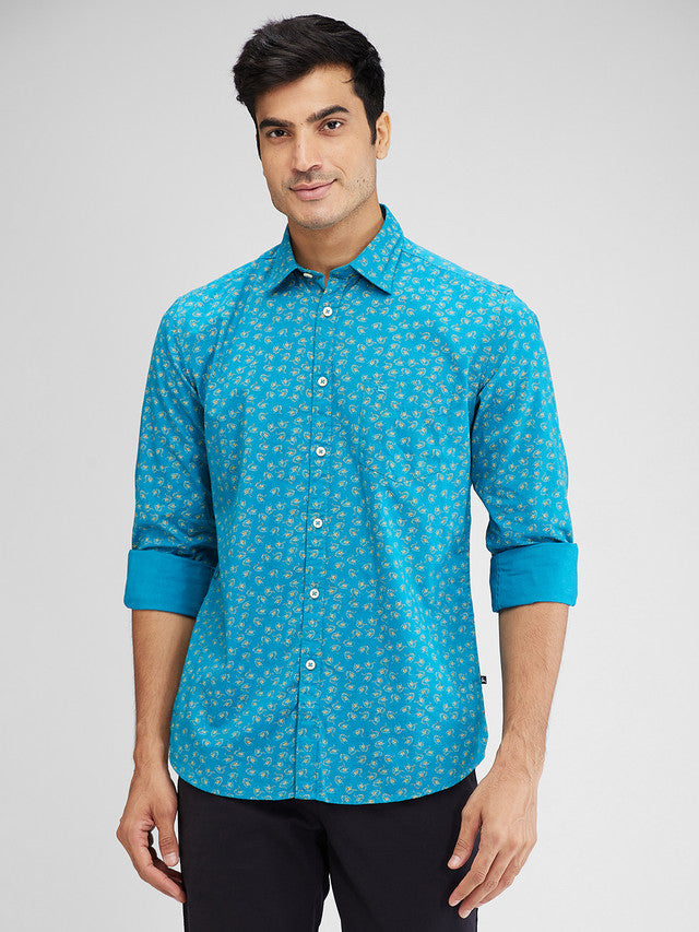 Parx Blue Printed Slim Fit Cotton Casual Shirt