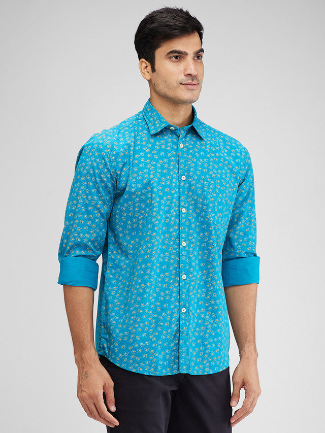 Parx Blue Printed Slim Fit Cotton Casual Shirt