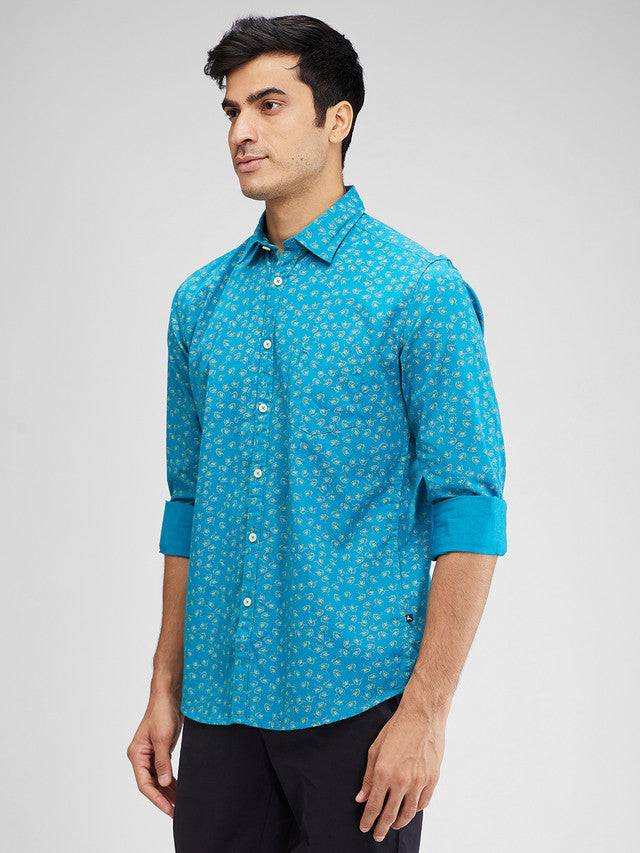 Parx Blue Printed Slim Fit Cotton Casual Shirt