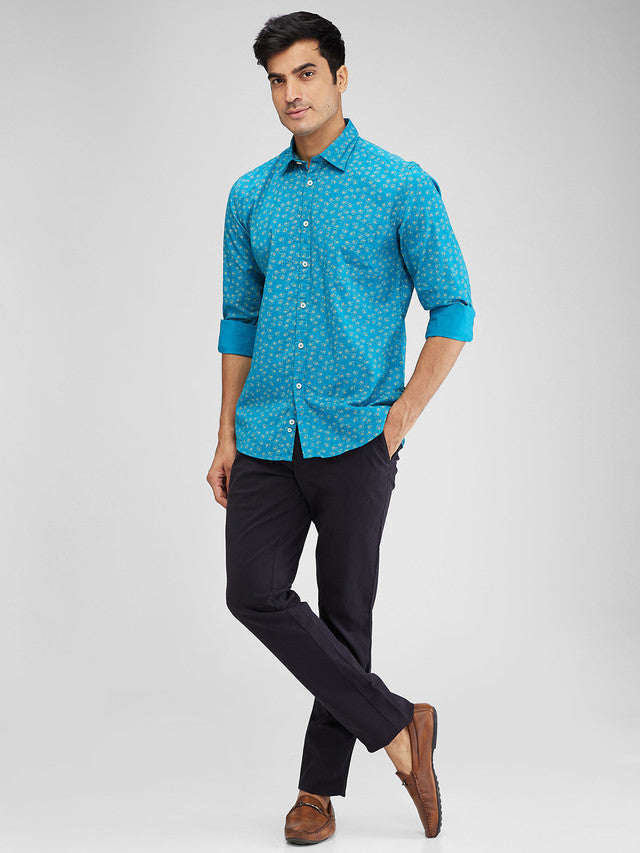 Parx Blue Printed Slim Fit Cotton Casual Shirt