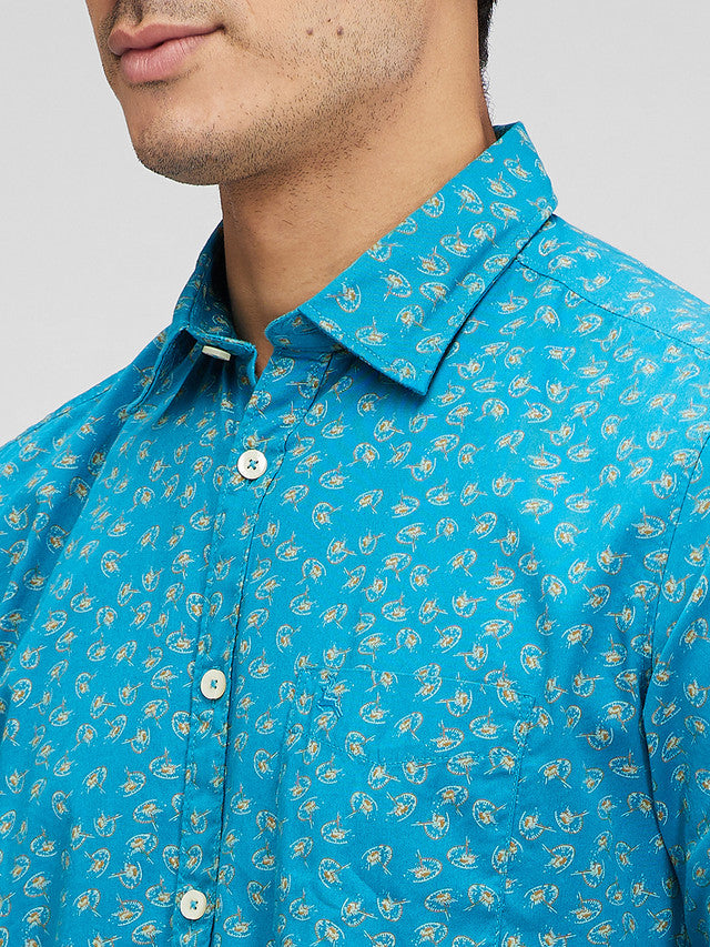 Parx Blue Printed Slim Fit Cotton Casual Shirt