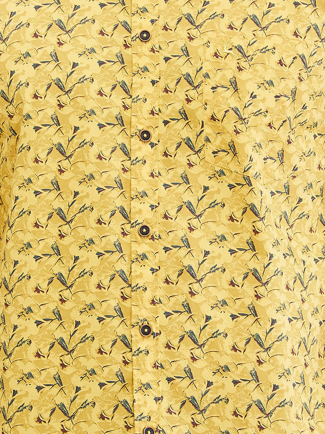 Parx Yellow Printed Slim Fit Cotton Casual Shirt