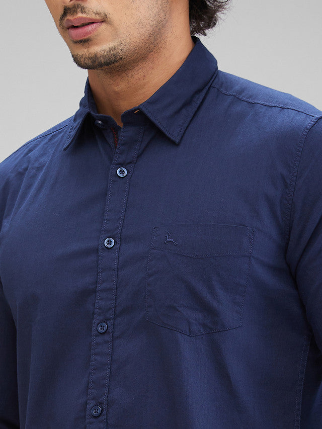 Parx Blue Solid Slim Fit Cotton Casual Shirt