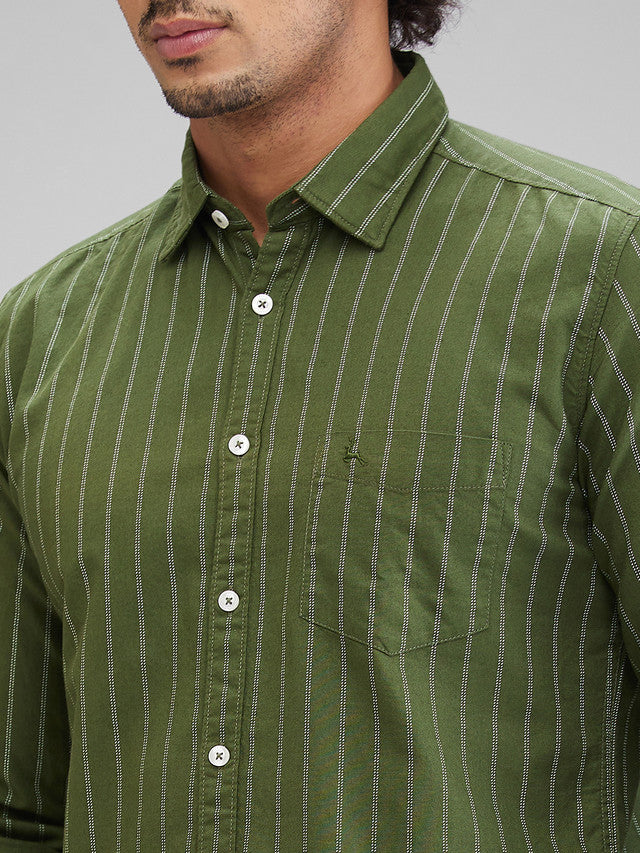 Parx Green Stripe Slim Fit Cotton Casual Shirt