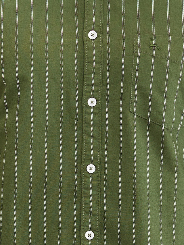 Parx Green Stripe Slim Fit Cotton Casual Shirt