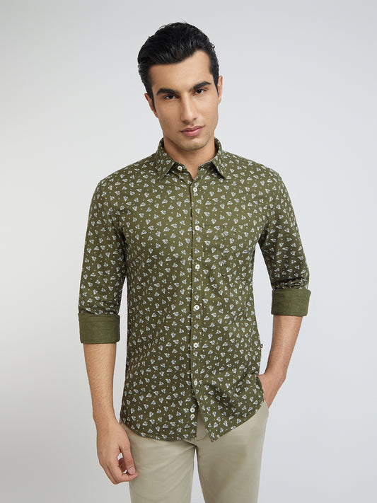 Parx Men Green Printed Slim Fit Full Sleeve Semi Cut Away Collar Shirt