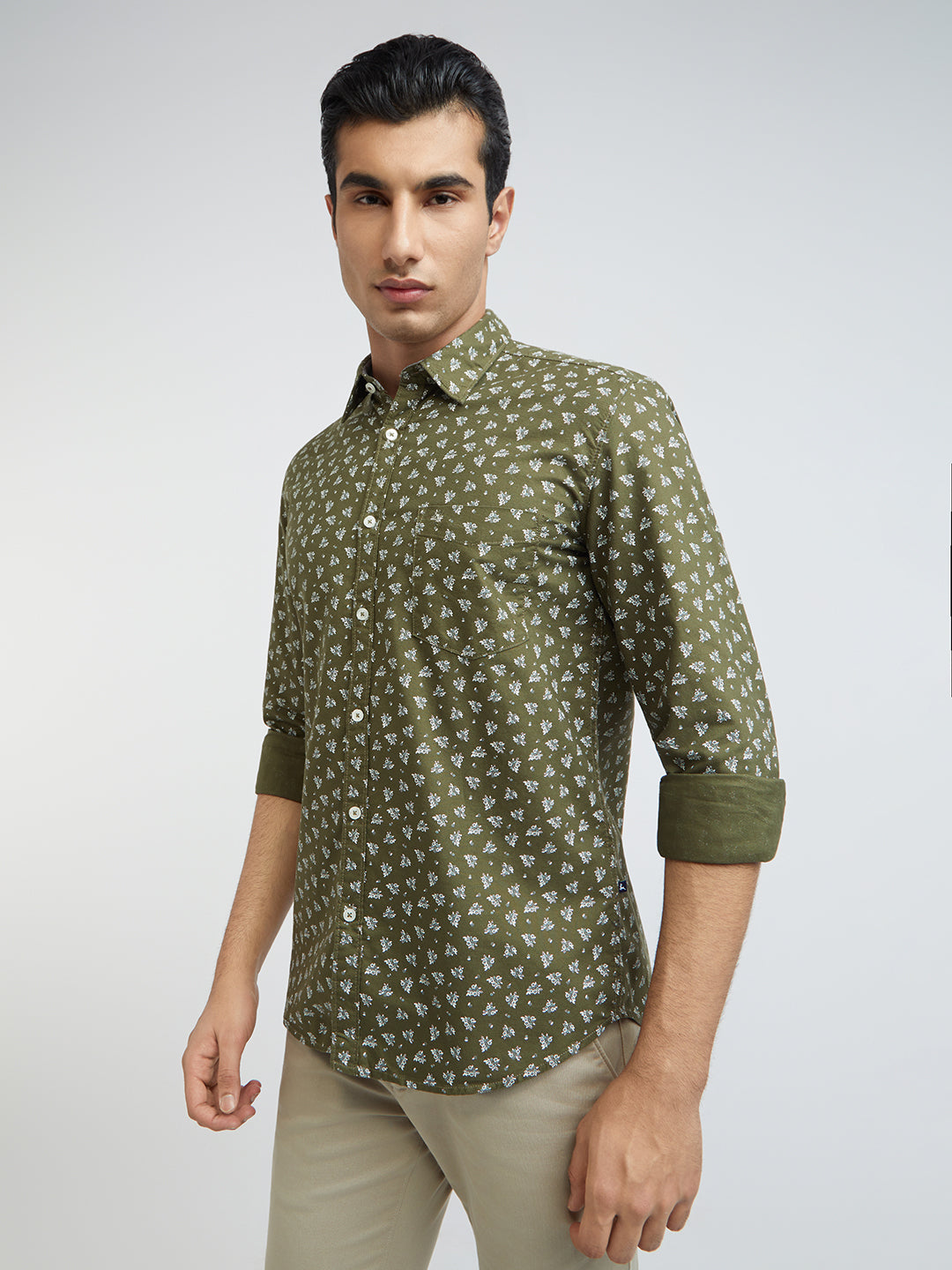 Parx Men Green Printed Slim Fit Full Sleeve Semi Cut Away Collar Shirt