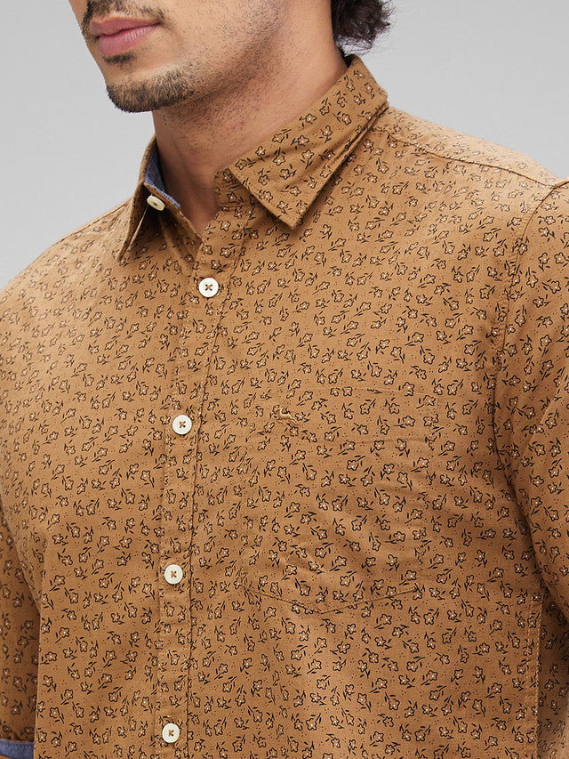 Parx Brown Printed Slim Fit Cotton Casual Shirt