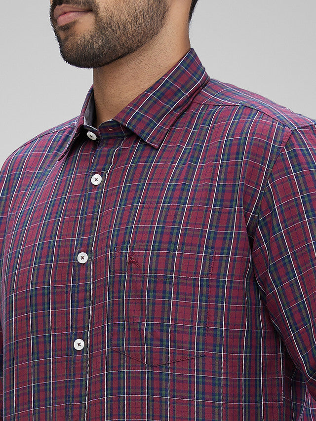 Parx Red Checks Slim Fit Cotton Casual Shirt