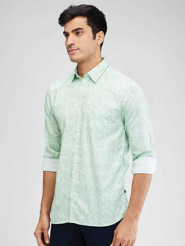 Parx Green Printed Slim Fit Cotton Casual Shirt