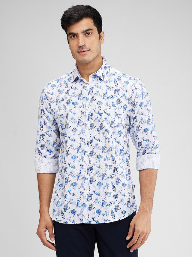 Parx Blue Printed Slim Fit Cotton Casual Shirt