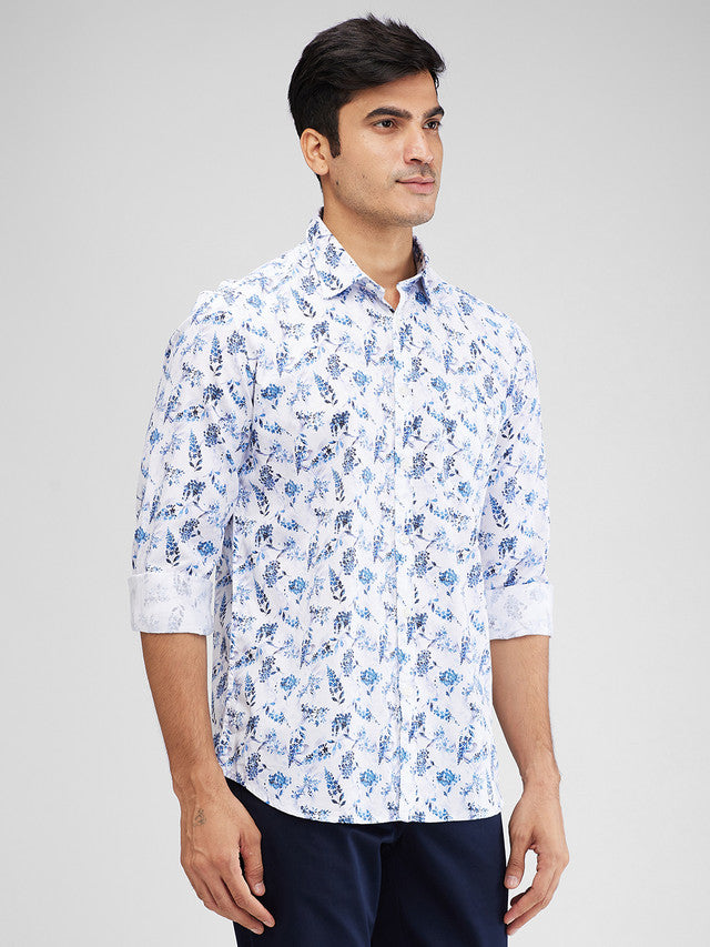 Parx Blue Printed Slim Fit Cotton Casual Shirt