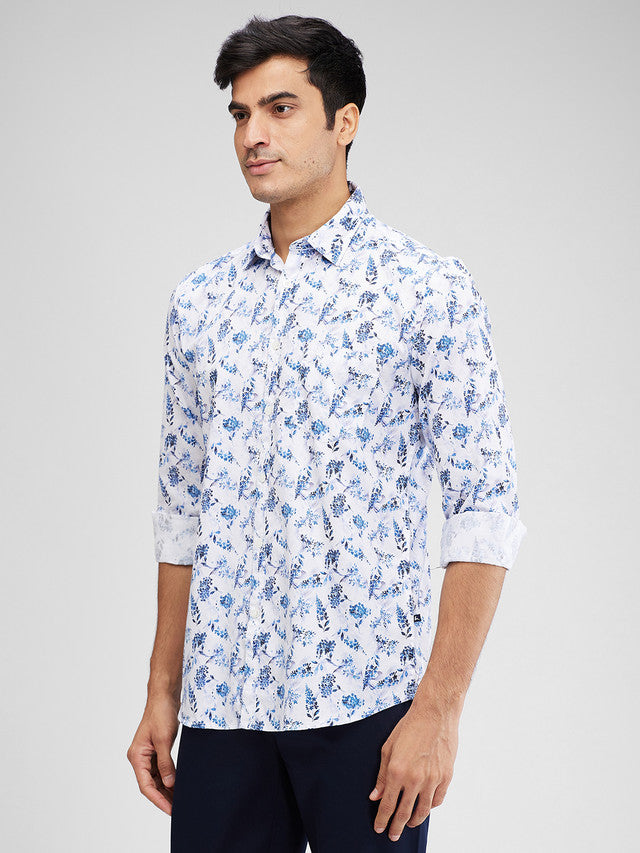 Parx Blue Printed Slim Fit Cotton Casual Shirt