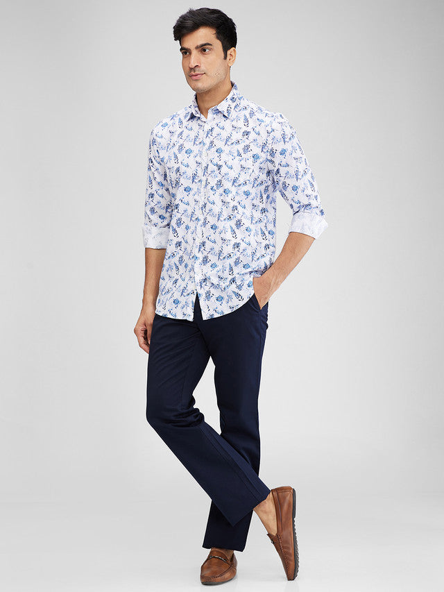 Parx Blue Printed Slim Fit Cotton Casual Shirt