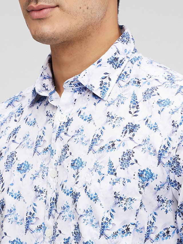 Parx Blue Printed Slim Fit Cotton Casual Shirt