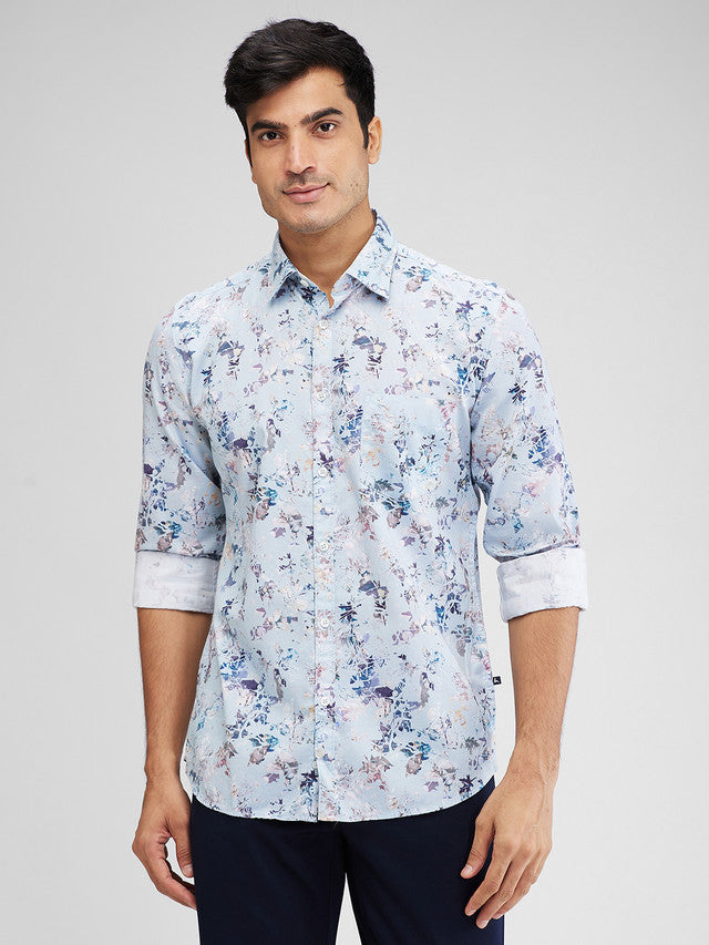 Parx Blue Printed Slim Fit Cotton Casual Shirt