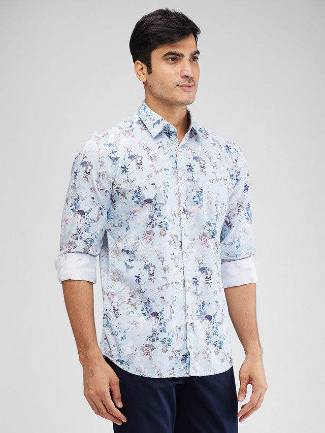 Parx Blue Printed Slim Fit Cotton Casual Shirt