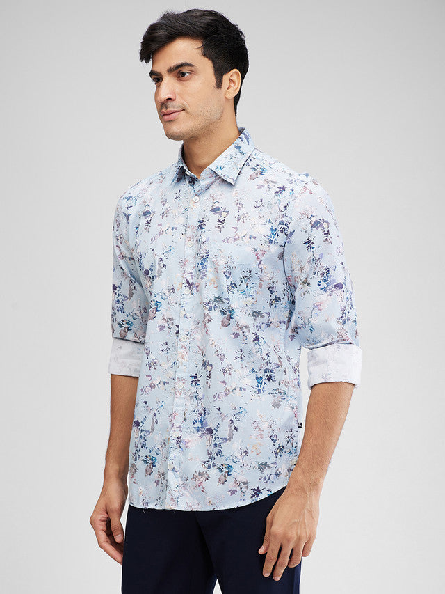 Parx Blue Printed Slim Fit Cotton Casual Shirt