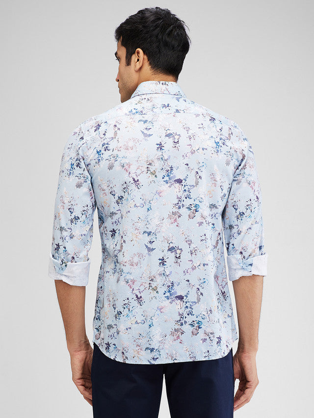 Parx Blue Printed Slim Fit Cotton Casual Shirt