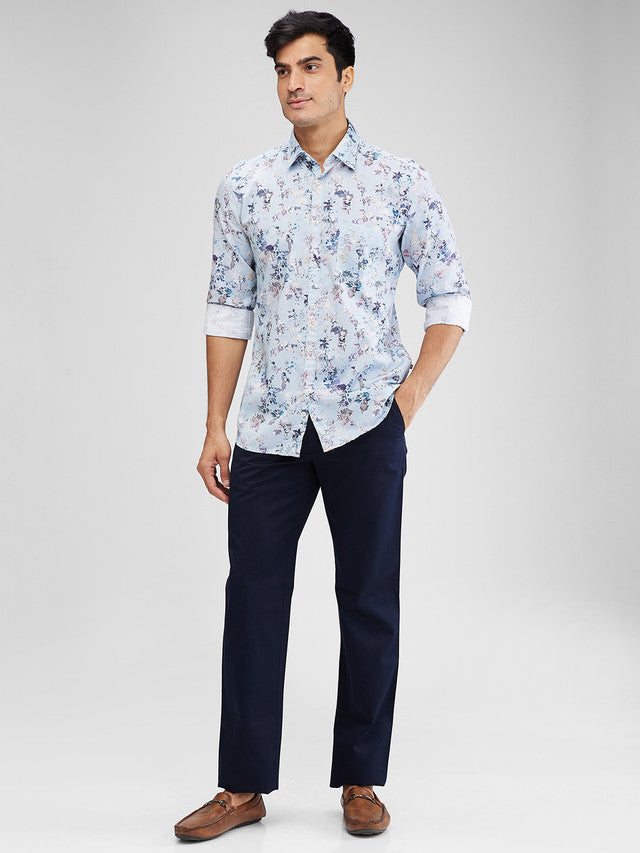 Parx Blue Printed Slim Fit Cotton Casual Shirt