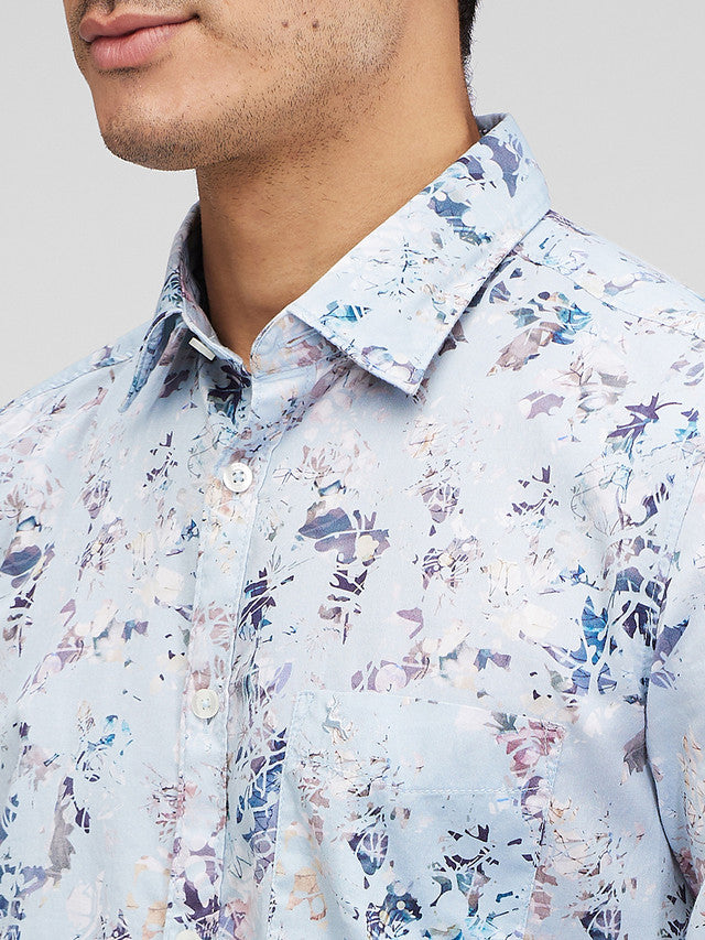 Parx Blue Printed Slim Fit Cotton Casual Shirt