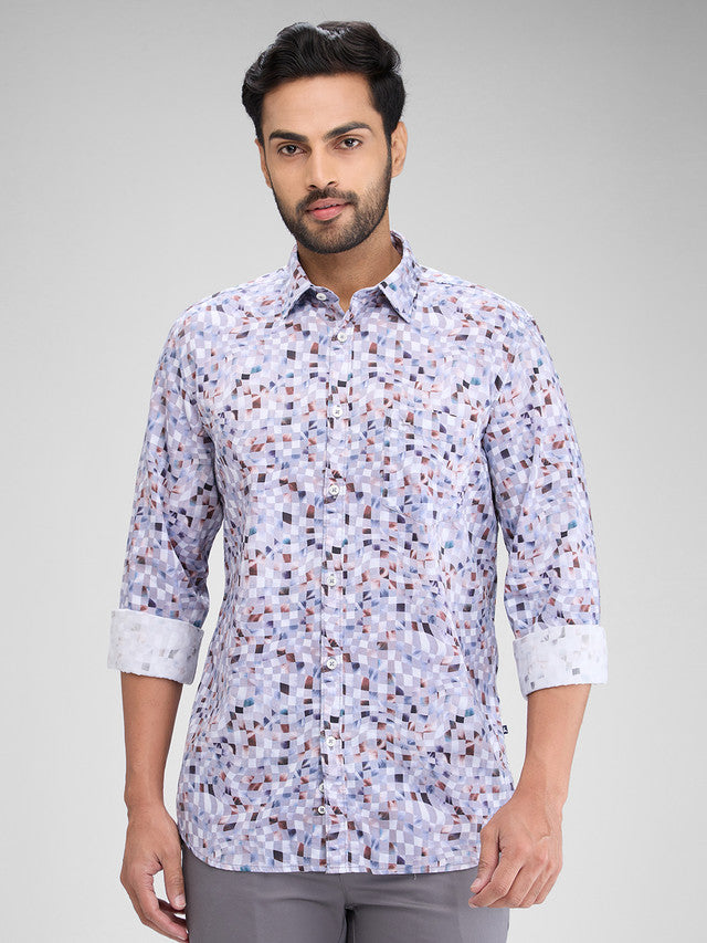 Parx Grey Printed Slim Fit Cotton Casual Shirt