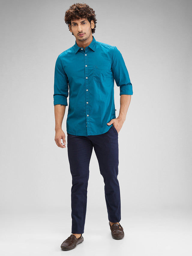 Parx Blue Solid Slim Fit Cotton Casual Shirt