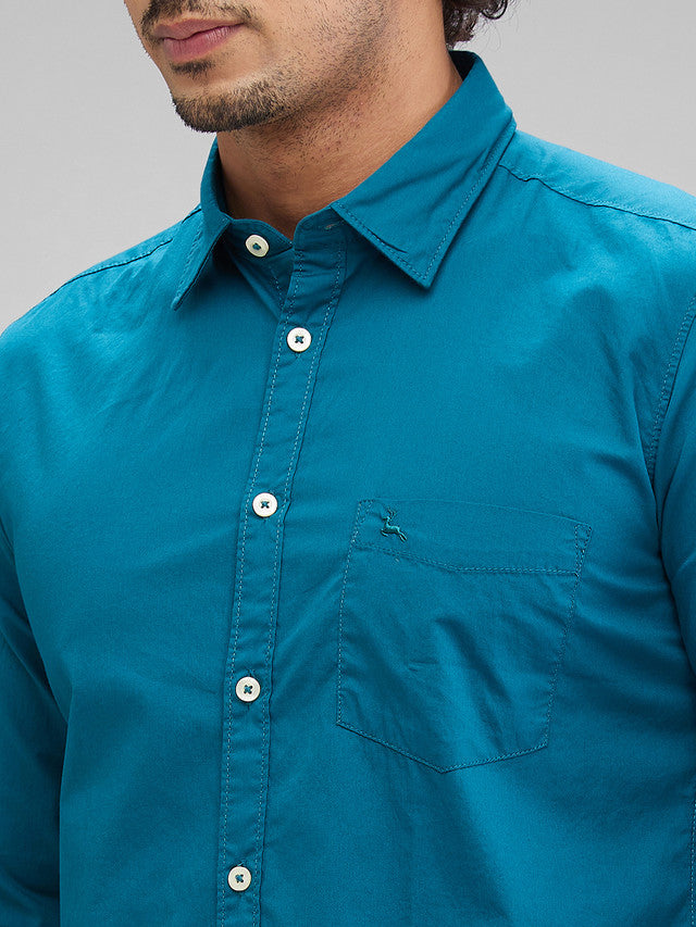 Parx Blue Solid Slim Fit Cotton Casual Shirt