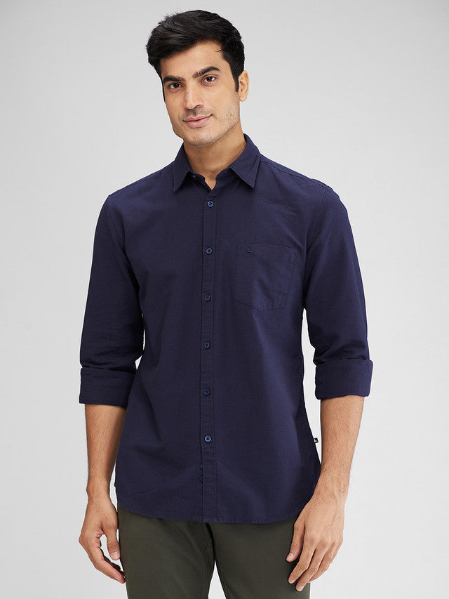 Parx Blue Solid Slim Fit Cotton Casual Shirt