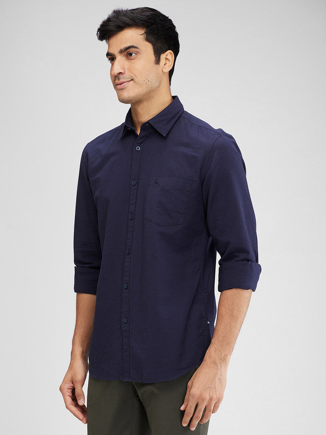 Parx Blue Solid Slim Fit Cotton Casual Shirt