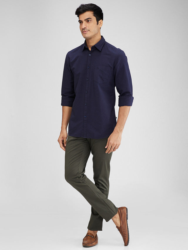 Parx Blue Solid Slim Fit Cotton Casual Shirt