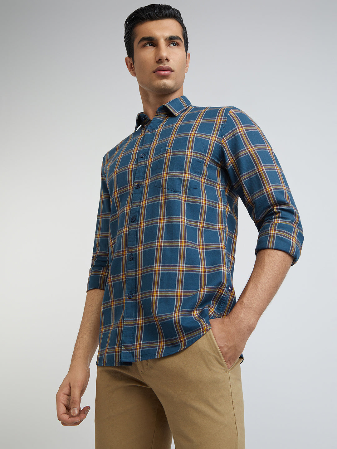 Men Blue Slim Fit Checks Cotton Full Sleeve Shirts