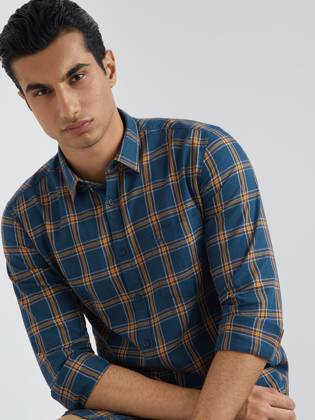 Men Blue Slim Fit Checks Cotton Full Sleeve Shirts