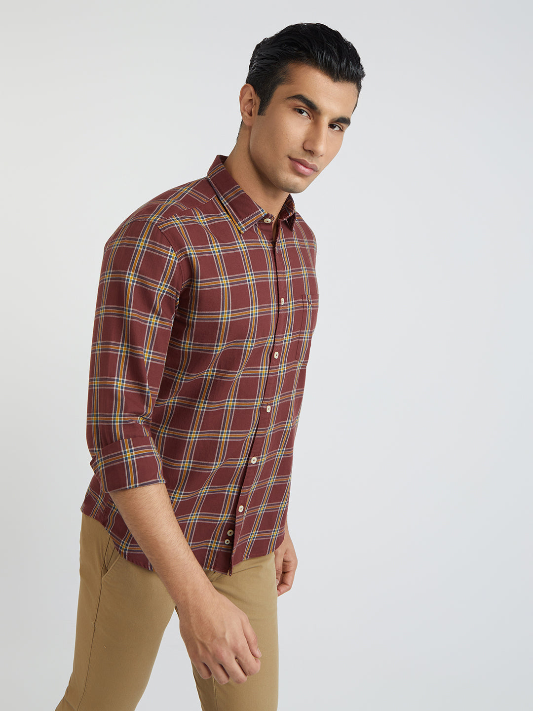 Men Red Slim Fit Checks Cotton Full Sleeve Shirts