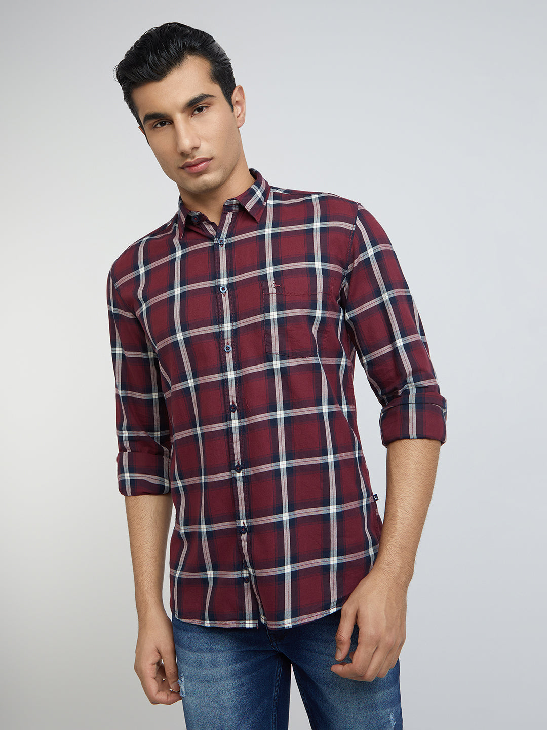 Men Red Slim Fit Checks Cotton Full Sleeve Shirts