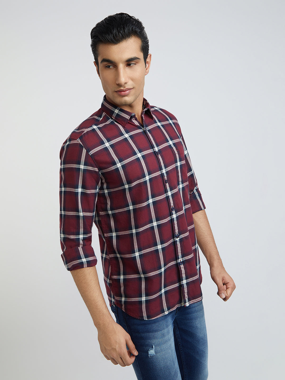 Men Red Slim Fit Checks Cotton Full Sleeve Shirts