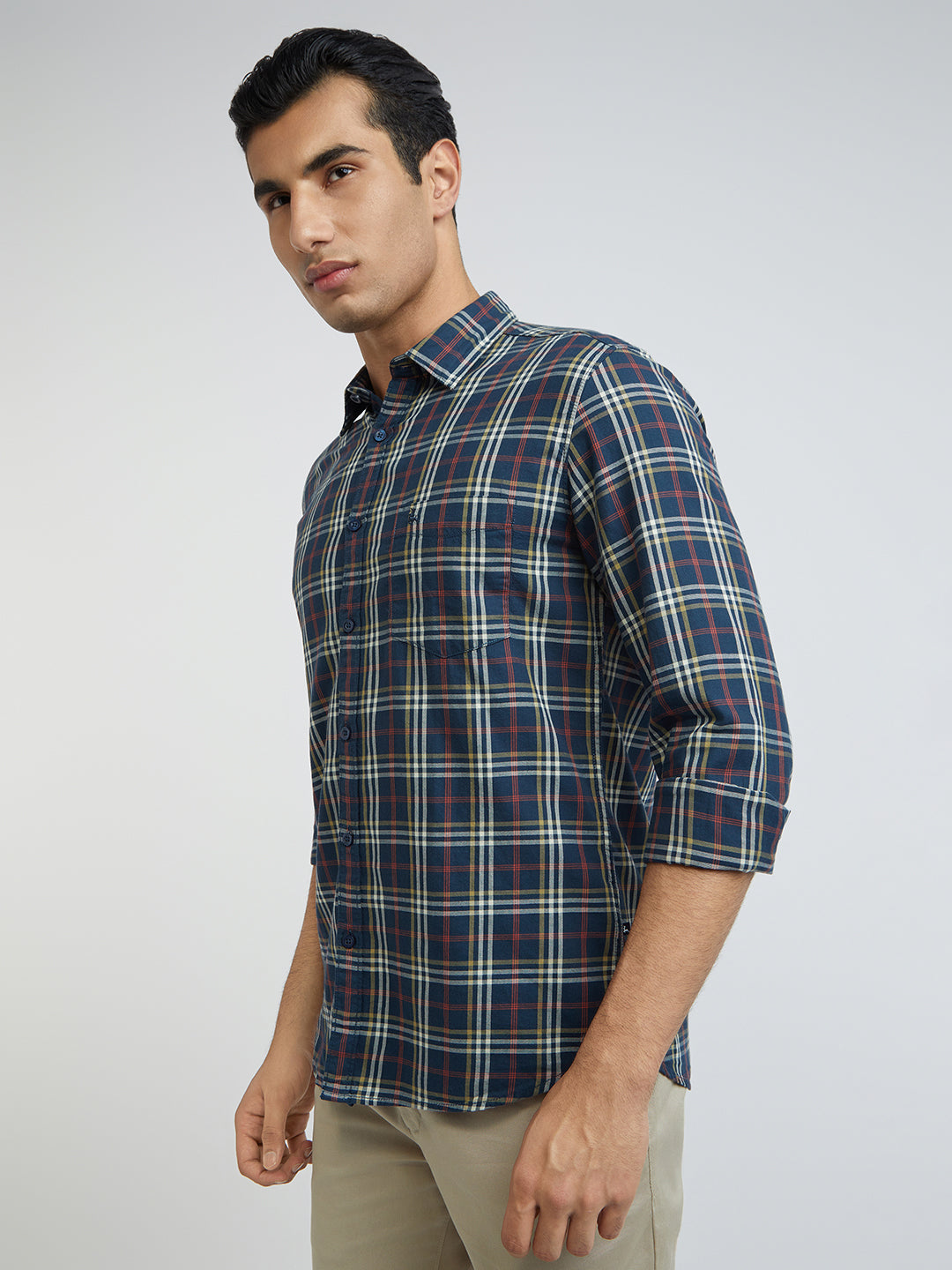 Men Blue Slim Fit Checks Cotton Full Sleeve Shirts