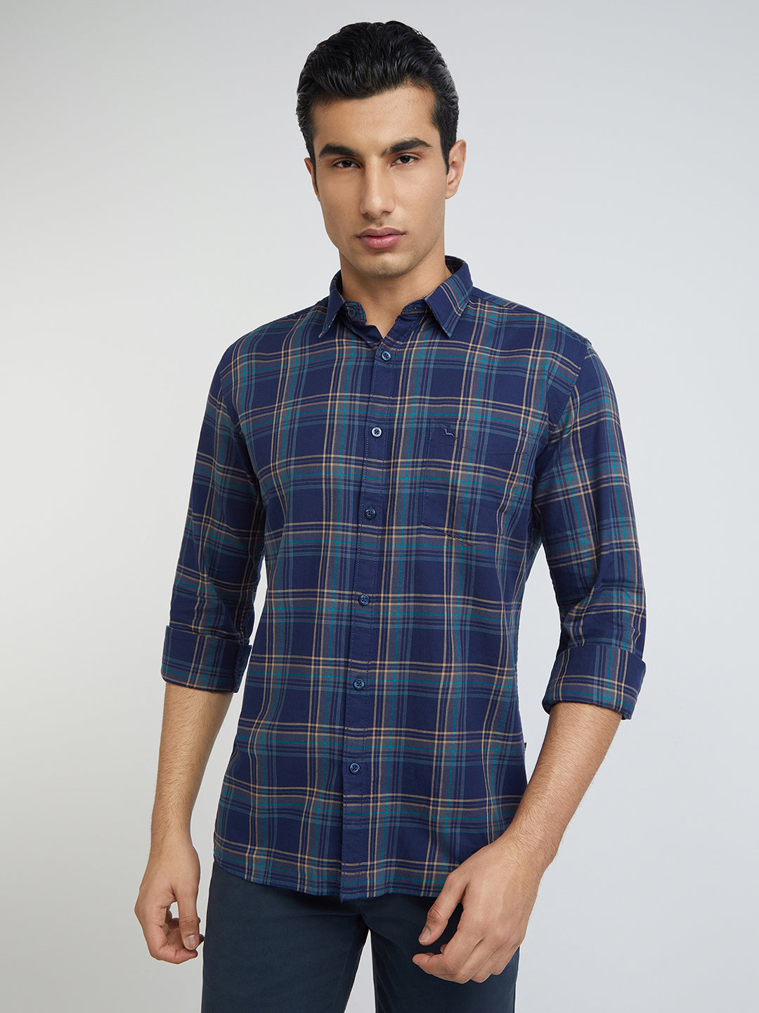 Men Blue Slim Fit Checks Cotton Full Sleeve Shirts