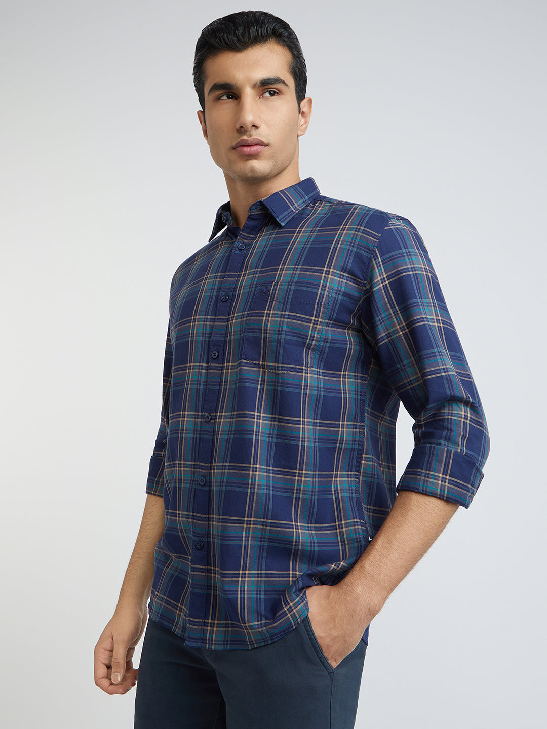 Men Blue Slim Fit Checks Cotton Full Sleeve Shirts