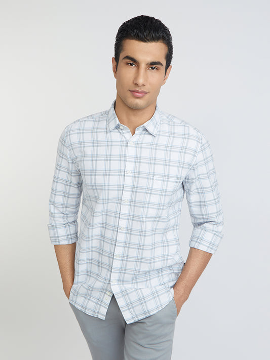 Men White Slim Fit Checks Cotton Full Sleeve Shirts