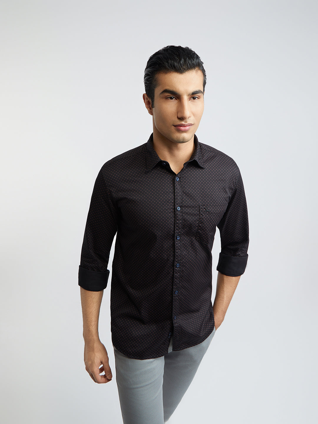 Parx Men Black Slim Fit Printed Cotton Full Sleeve Cut Away Shirt