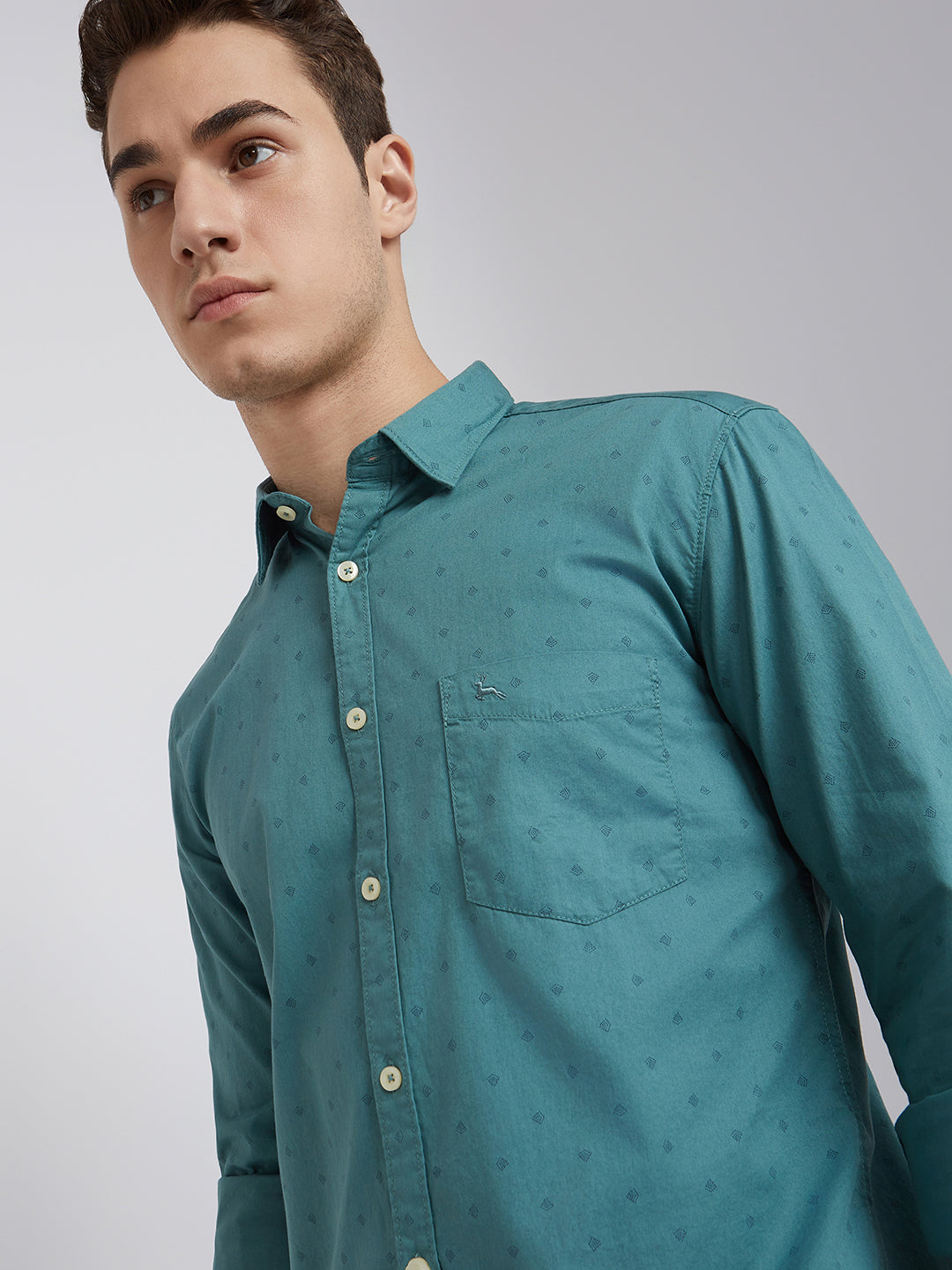 Parx Men Green Slim Fit Printed Cotton Full Sleeve Cut Away Shirt