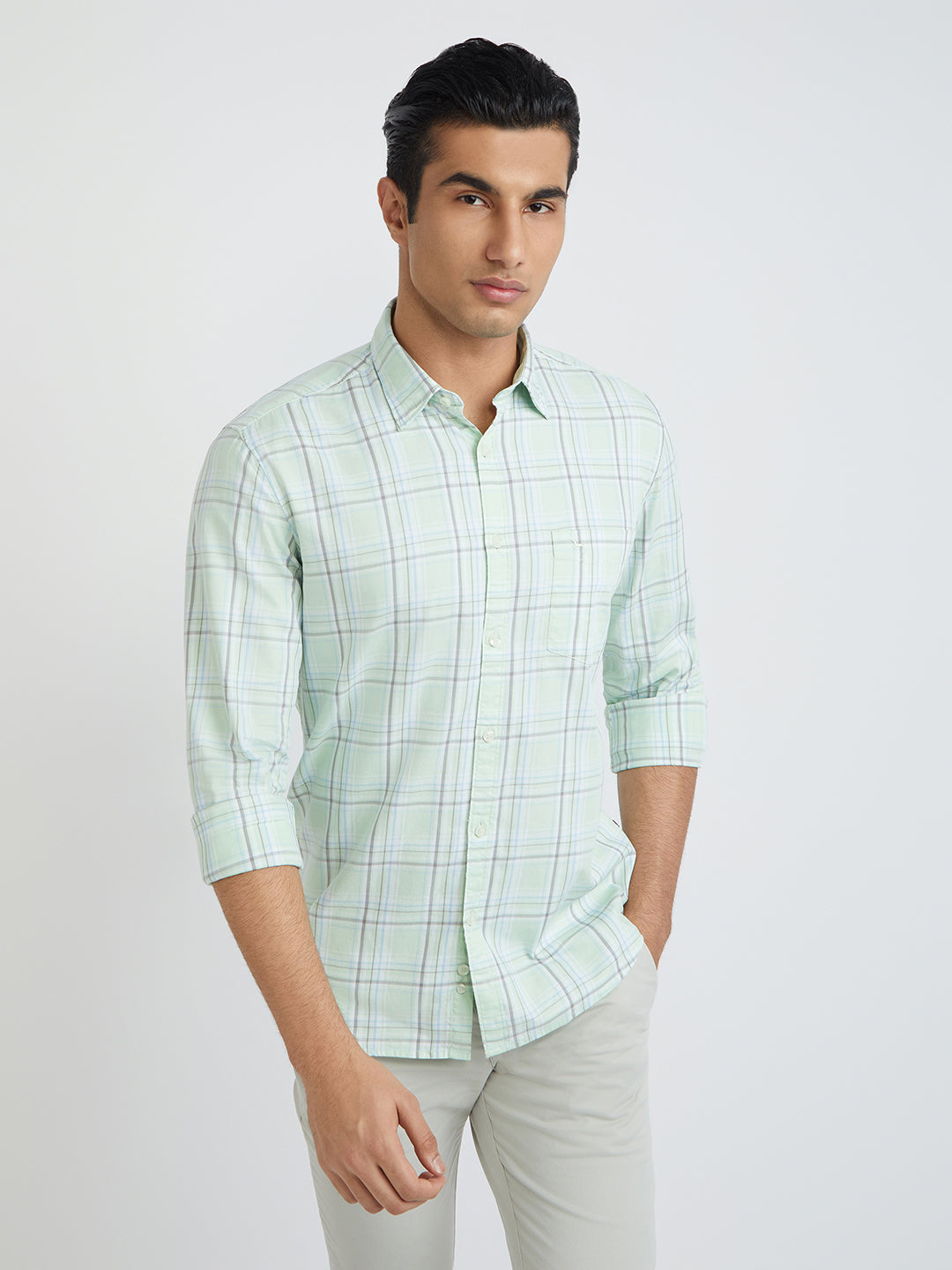 Parx Men Green Checks Slim Fit Cotton Full Sleeve Shirts