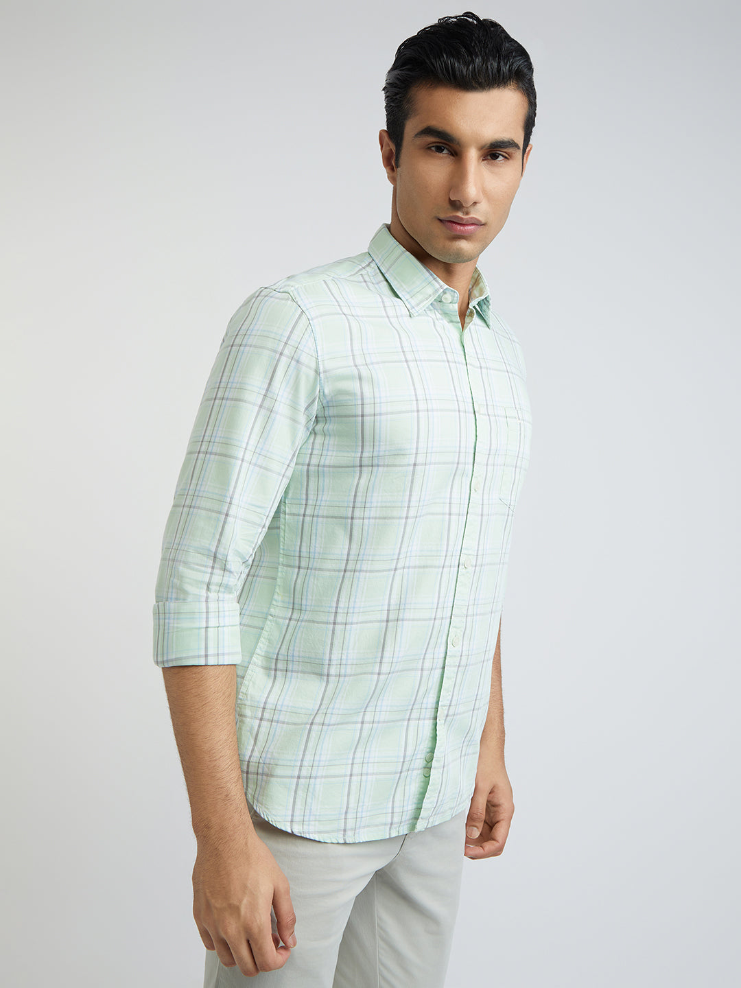 Parx Men Green Checks Slim Fit Cotton Full Sleeve Shirts