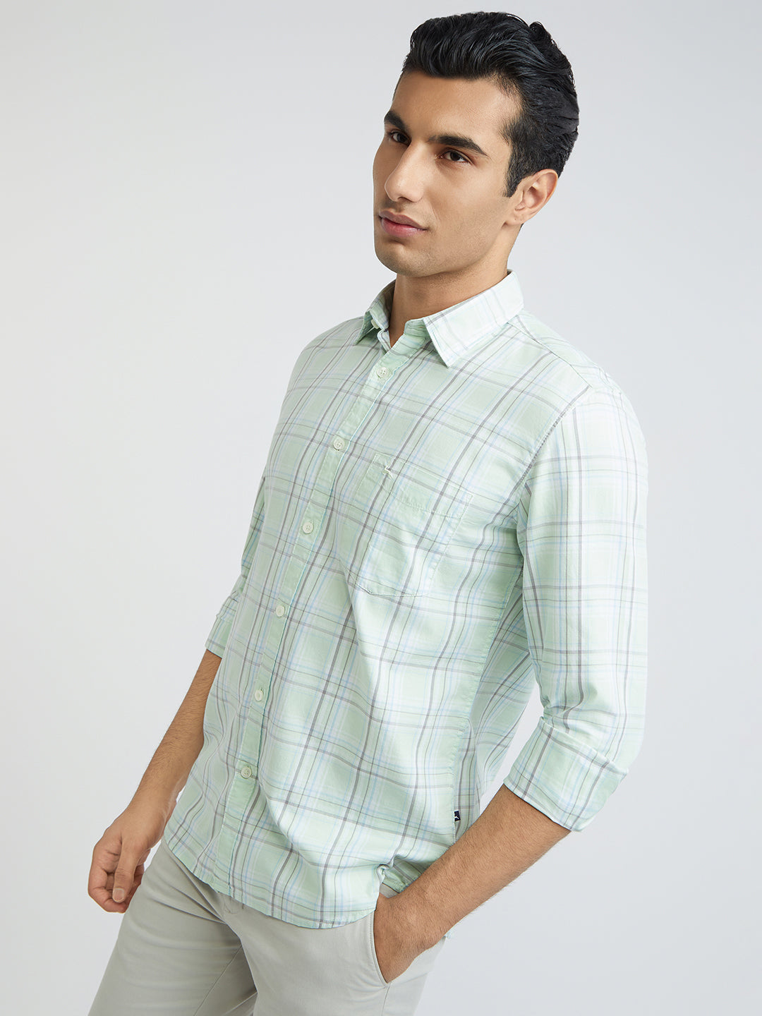 Parx Men Green Checks Slim Fit Cotton Full Sleeve Shirts