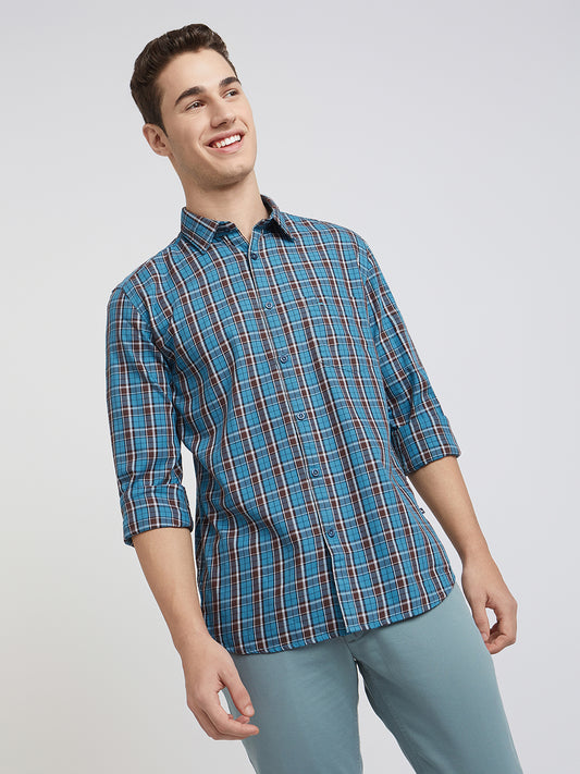 Parx Men Blue Checks Slim Fit Cotton Full Sleeve Shirts