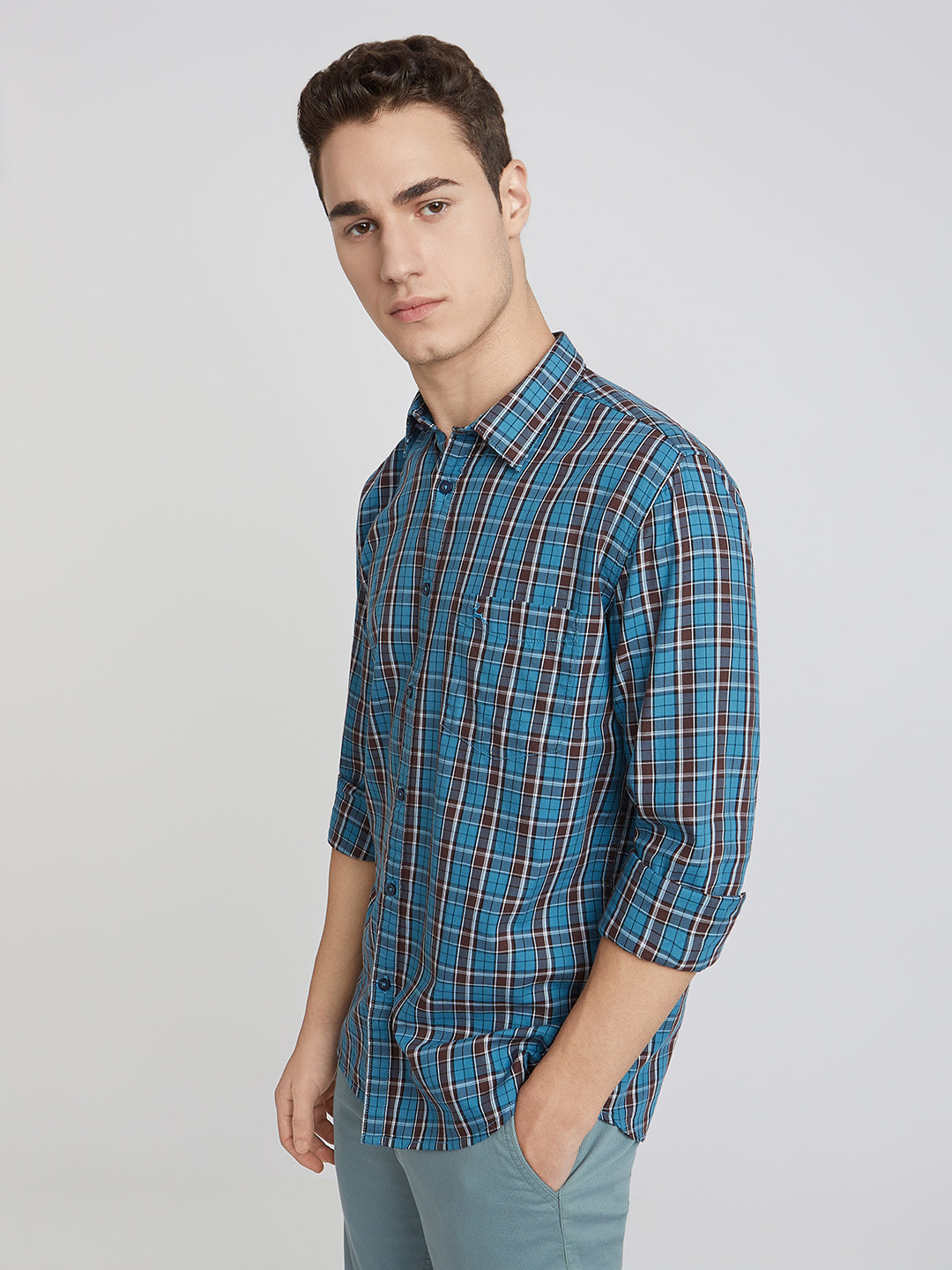 Parx Men Blue Checks Slim Fit Cotton Full Sleeve Shirts