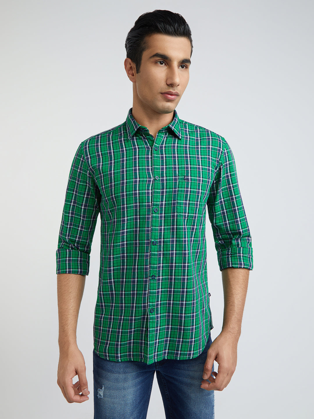 Parx Men Green Checks Slim Fit Cotton Full Sleeve Shirts