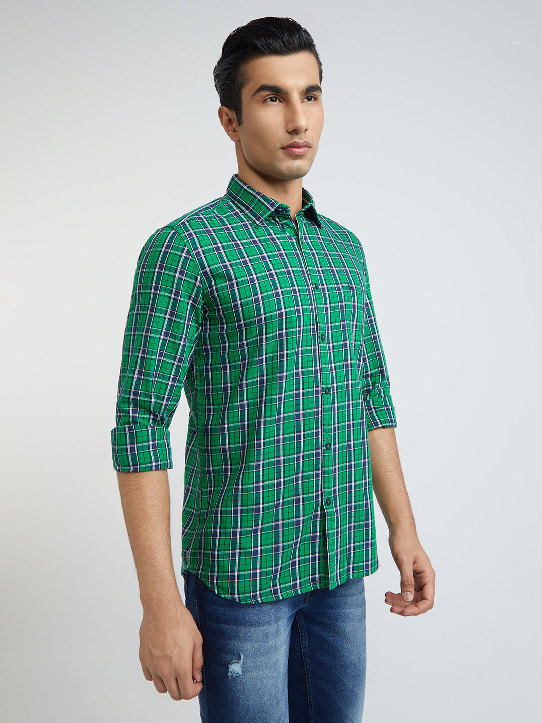 Parx Men Green Checks Slim Fit Cotton Full Sleeve Shirts